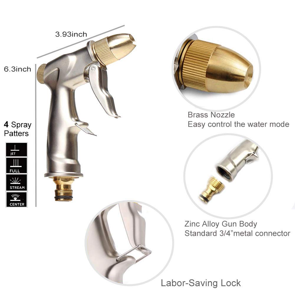 VASLON Garden Hose Nozzle Gun, Zinc Alloy Body & Full Brass Nozzle, Leak Proof Metal Hand Sprayer, High Pressure Pistol Grip in 4 Spraying Modes (Metal)
