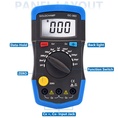 GOLDCHAMP Capacitance Meter Digital Multimeter 200pF-20mF Meter Capacitor Handheld Multimeter Tester with Multi Testers Manual Range Measure Tool, Back Light, Data Hold
