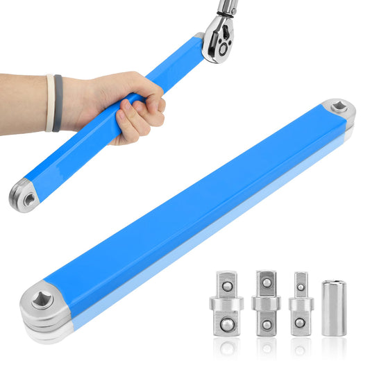 Offset Extension Wrench, 15" Heavy Duty Extension Wrench with 1/2" 1/4" 3/8" Square Drive Adapters and 1/4" Socket, High Carbon Steel Ratchet Spanner for Tight Space
