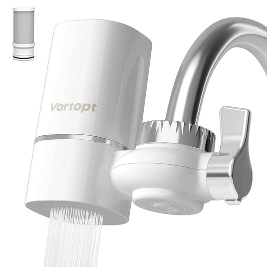 Vortopt Faucet Water Filter for Sink, Rapid Flow - 400 Gallons Faucet Mount Water Filtration System for Tap Watre, NSF Certified Reduces Chlorine & Bad Taste with 1 Replacement (White-T1-1Filter)