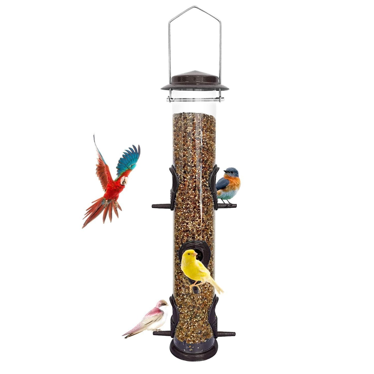 MIXXIDEA Metal Bird Feeder with 6 Feeding Ports, Bird Feeders for Outdoor Hanging, 16 inch Tube Bird Feeder with Steel Hanger & Hard Plastic, Attracting for Wild Birds (Coffee)