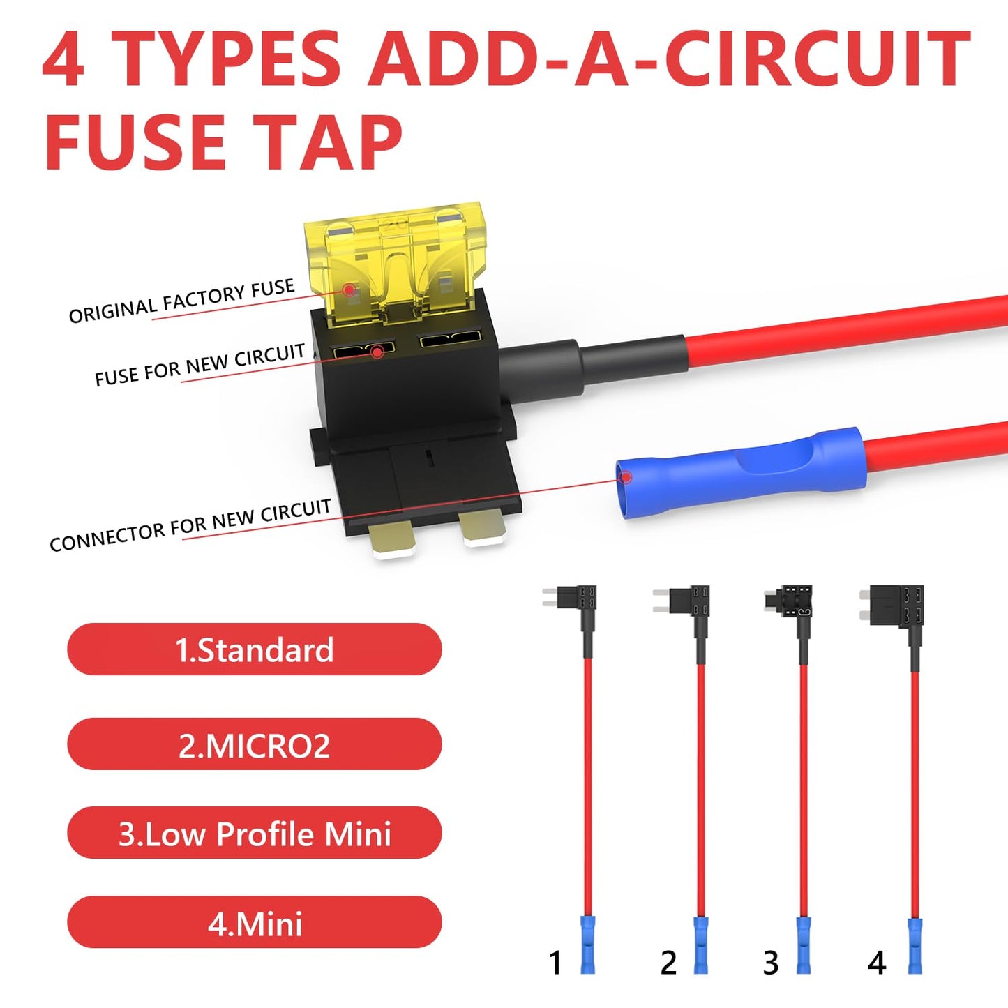 Newdeli 20 Pack 12V Fuse Tap Car Add-a-Circuit Adapter and Fuse Kit with Standard Mini Micro2 and Low Profile Fuse Taps 4 Types ATO ATC ATM APM Fuse Holder for Cars Trucks Boats