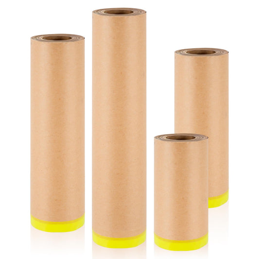 Worldity 4 Rolls Masking Paper for Painting, Assorted Sizes Pre-Taped Masking Paper, Waterproof Automotive Pre-Taped Paint Kraft Roll for Cars, Walls, Floors, Stairs, Furniture Protection