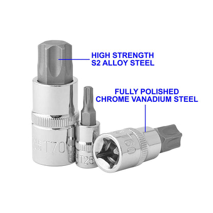 Gunpla Torx Bit Socket Set, 13-Piece Star T8 - T70 Set Chrome Vanadium Steel 1/4”, 3/8” and 1/2” Drive Heavy Duty Star Sockets Tools