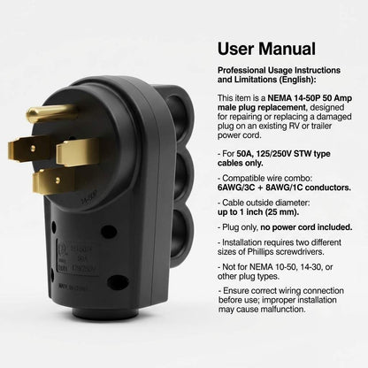 QWORK Nema 14-50P 50 Amp Male RV Replacement Plug, 125/250V Power Assembly Plug with Handle for Camper Trailer