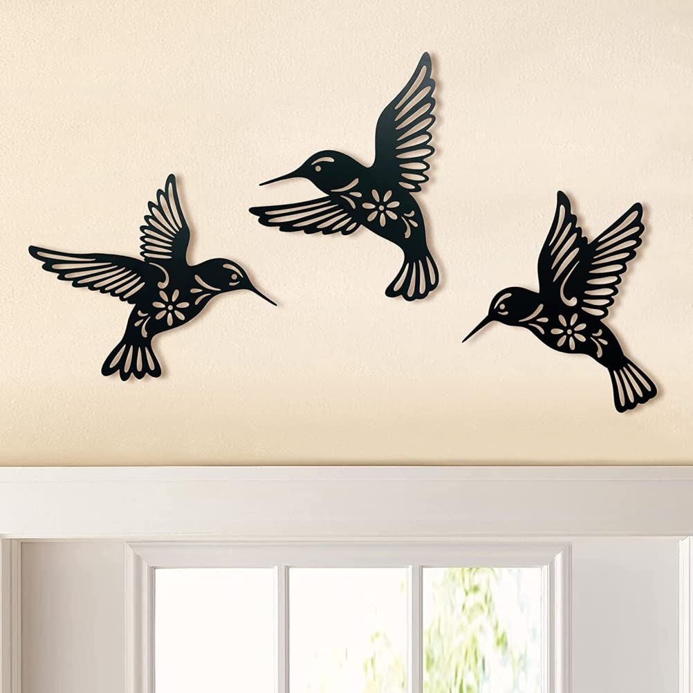 3 Pieces Metal Hummingbird Wall Art Decor, Hollow Out Iron Bird Sculpture, Indoor & Outdoor Wall Hanging Figurines for Garden, Living Room, Bedroom (Black)