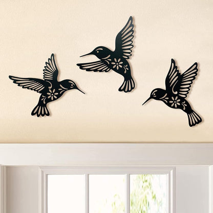 3 Pieces Metal Hummingbird Wall Art Decor, Hollow Out Iron Bird Sculpture, Indoor & Outdoor Wall Hanging Figurines for Garden, Living Room, Bedroom (Black)