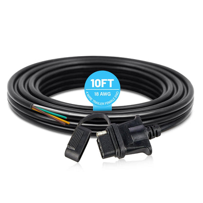 MECMO Vehicle-Side 4 Pin Trailer Wire Connector 10 Feet Heavy Duty 18AWG 4 Way Flat Female Trailer Wiring Harness Towing Replacement 4 Prong Trailer Light Plug Copper Jacket Cable Color-Coded 4-Wire