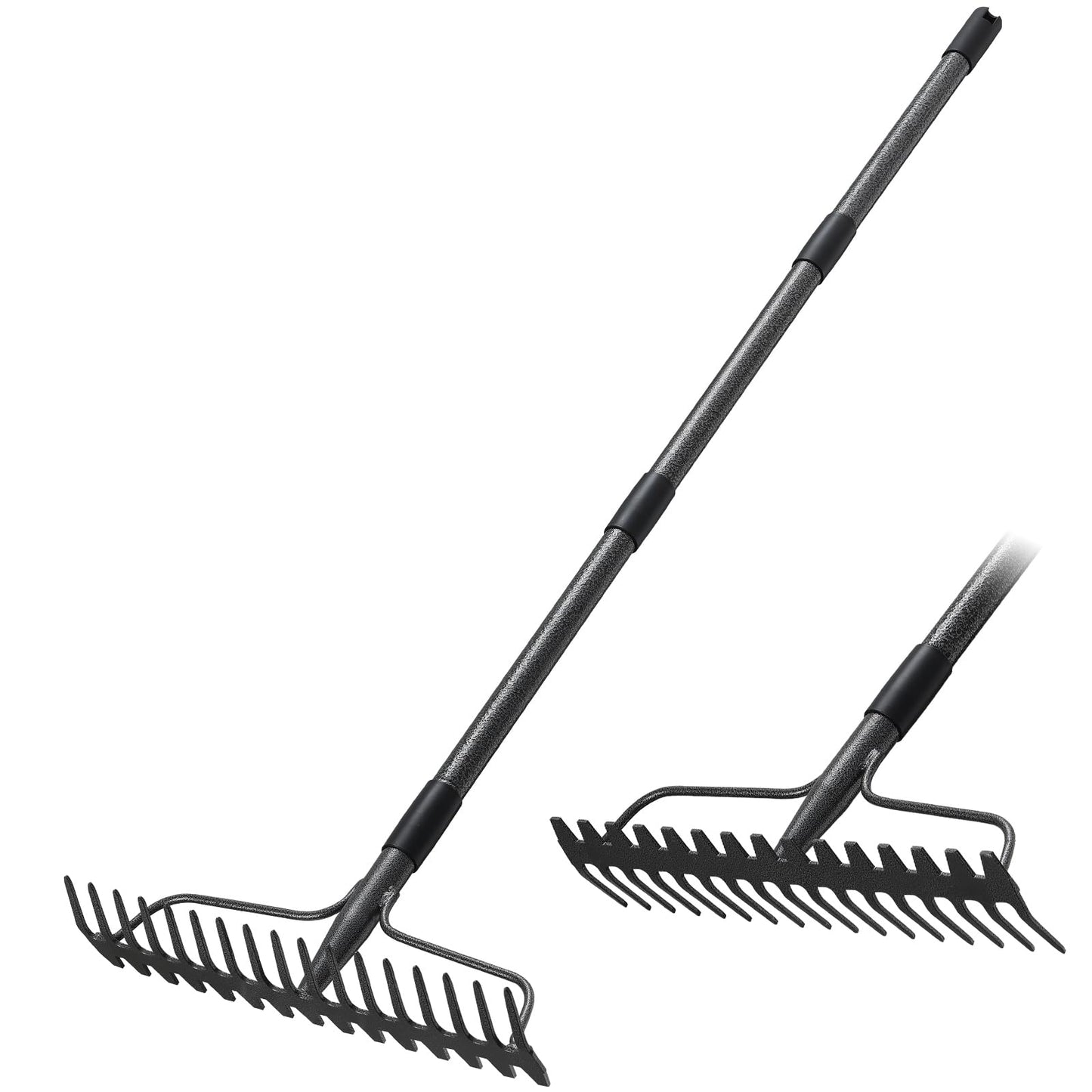 Garden Rake, 49" Long Long Handle, 17" Wide Heavy Duty Garden Leaf Rake for Thatching Raking Leaf Loosening Soil Gathering Mulch Leveling Rocks, Metal Bow Rakes for Leaves Grass