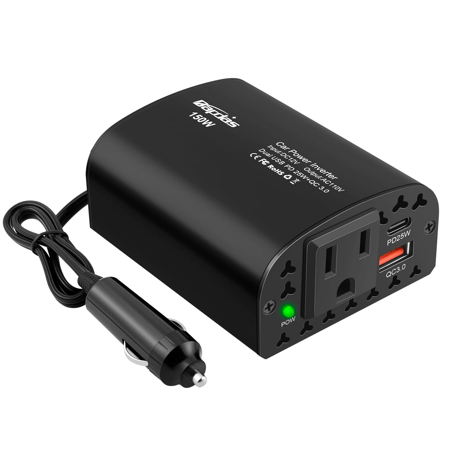 150W Car Power Inverter DC 12V to 110V AC Car Outlet Adapter Converter with PD 25W &QC3.0 USB Ports Laptop Car Charger