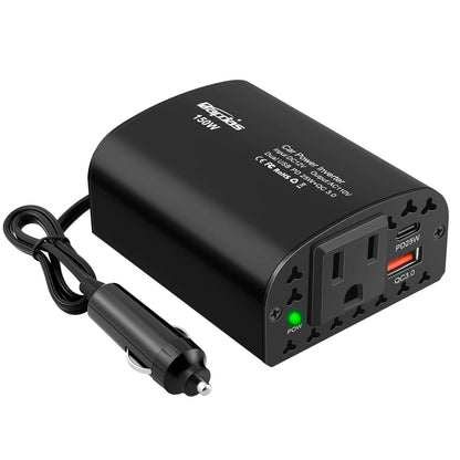150W Car Power Inverter DC 12V to 110V AC Car Outlet Adapter Converter with PD 25W &QC3.0 USB Ports Laptop Car Charger