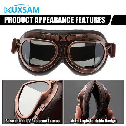 MUXSAM Vintage Motorcycle Goggles, ATV Motocross Goggles, Dirt Bike Racing Riding Off Road Scooter Glasses, Windproof Dustproof Eyewear for Adults Men Women, Copper Frame Smoke Lens