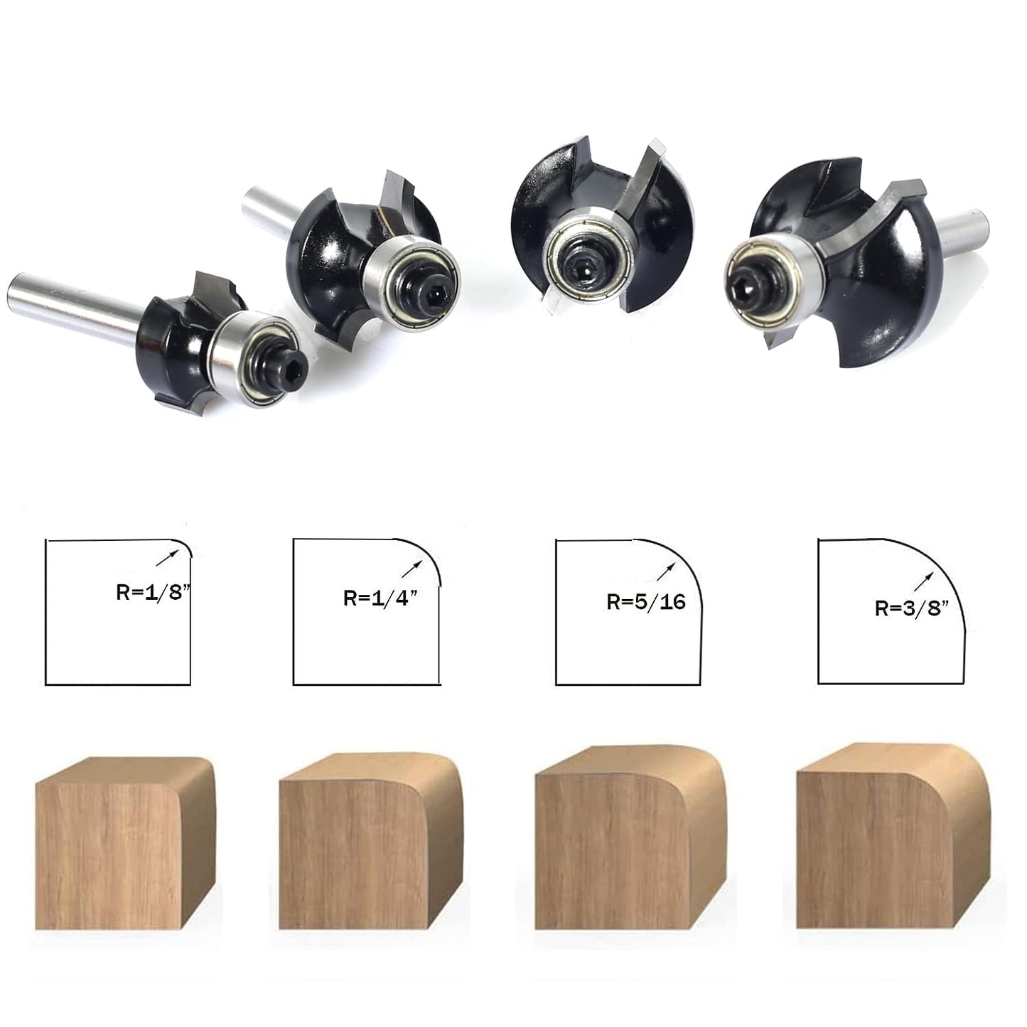 SICWOOD 4pc Roundover Router Bit Set, 1/4 Shank, Carbide, 2 Flute, 1/8", 1/4", 3/8", 5/16" Round-Over Cut, Router Bit Set, Woodworking, CNC Router