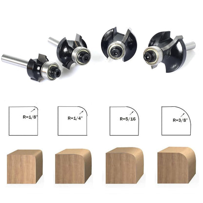 SICWOOD 4pc Roundover Router Bit Set, 1/4 Shank, Carbide, 2 Flute, 1/8", 1/4", 3/8", 5/16" Round-Over Cut, Router Bit Set, Woodworking, CNC Router
