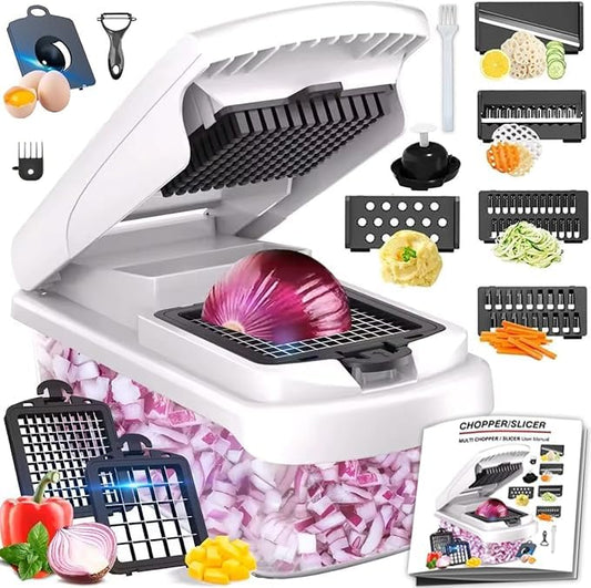 Chkout Vegetable Chopper with Container, 13-in-1 Mandoline Slicer Dicer & Spiralizer, Onion Veggie Chopper, Potato Fry Cutter, Manual Food Chopper, Kitchen Tools Gadgets