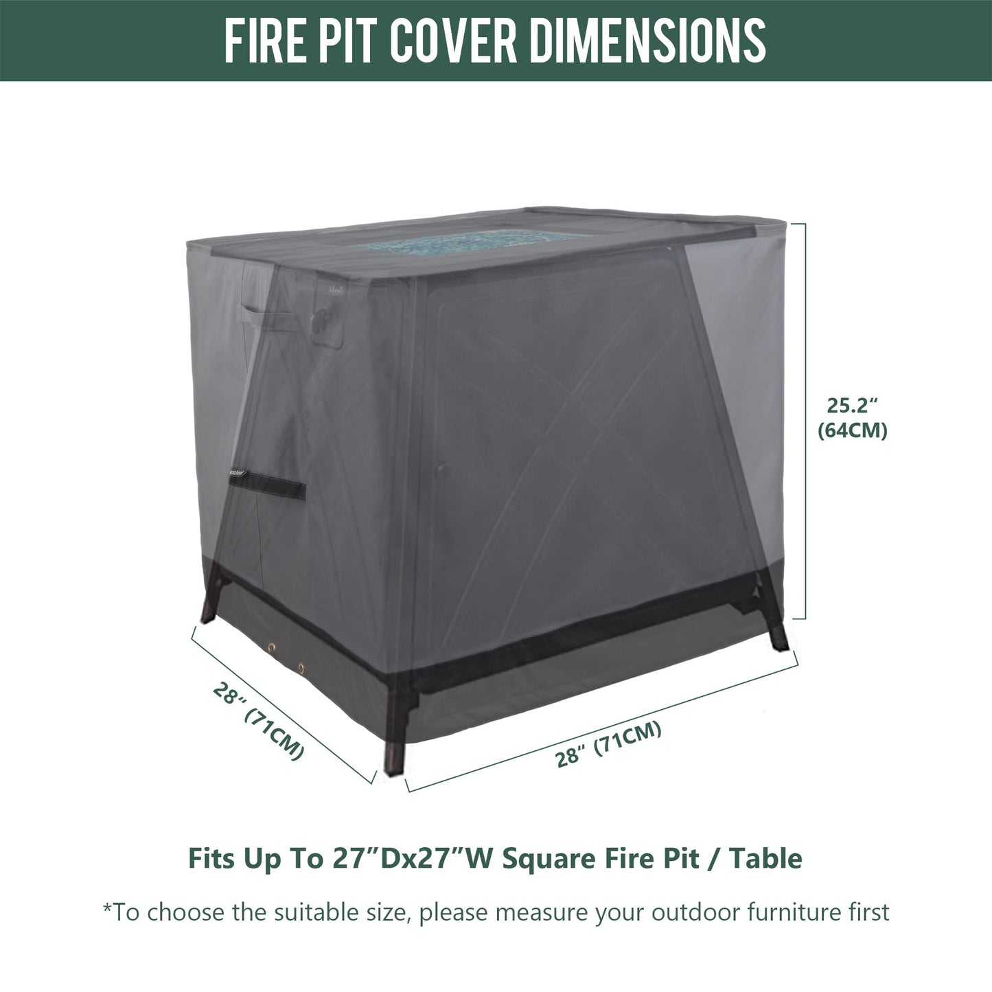 Rachmi Square Gas Fire Pit Cover 28 Inch, Heavy Duty 600D Oxford Water Resistant Anti UV & Fade Outdoor Patio Furniture Cover for Coffee & Side Table, (28"Wx28"Dx25.2"H, Gray/Black)