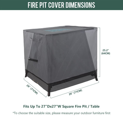 Rachmi Square Gas Fire Pit Cover 28 Inch, Heavy Duty 600D Oxford Water Resistant Anti UV & Fade Outdoor Patio Furniture Cover for Coffee & Side Table, (28"Wx28"Dx25.2"H, Gray/Black)