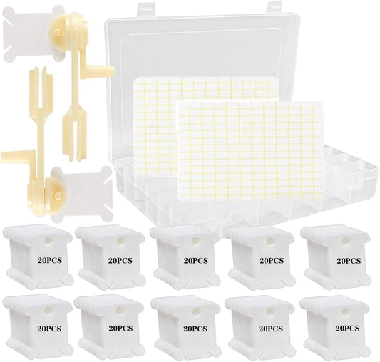 Embroidery Floss Organizer Box Set, 200 White Plastic Flossand 2 Floss Winder 1 Removable 36 Plastic Storage Box and 256 Dots Blank Stickers for Cross Stitch Craft DIY Sewing Storage