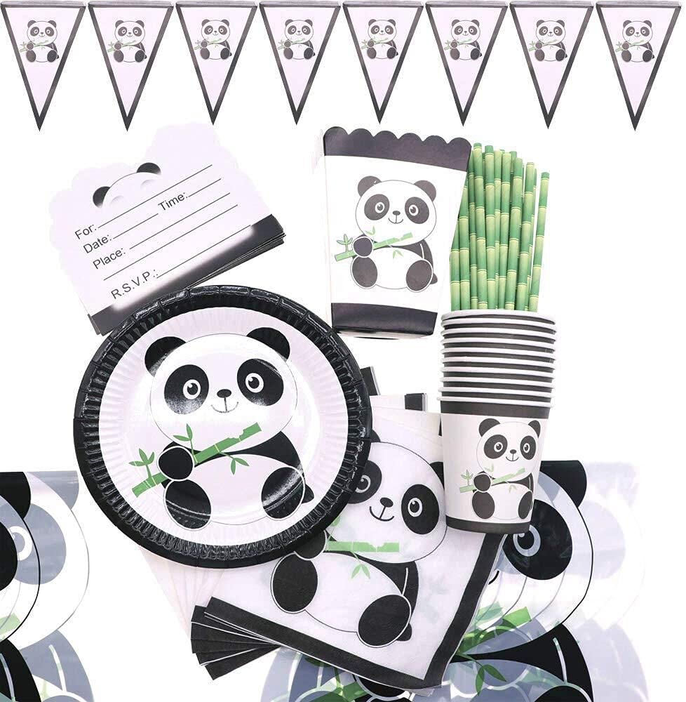 Panda Party Supplies Tableware Set Including Panda Paper Plates Cups Napkins Straws for Panda Birthday Wediing Baby Shower Party