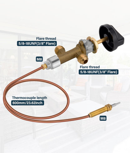 WADEO Fire Pit Control Valve Kit, Fire Pit Flame Failure Safety Control Low Pressure Propane Fire Pit Replacement Part with 3/8" Flare Inlet & Outlet