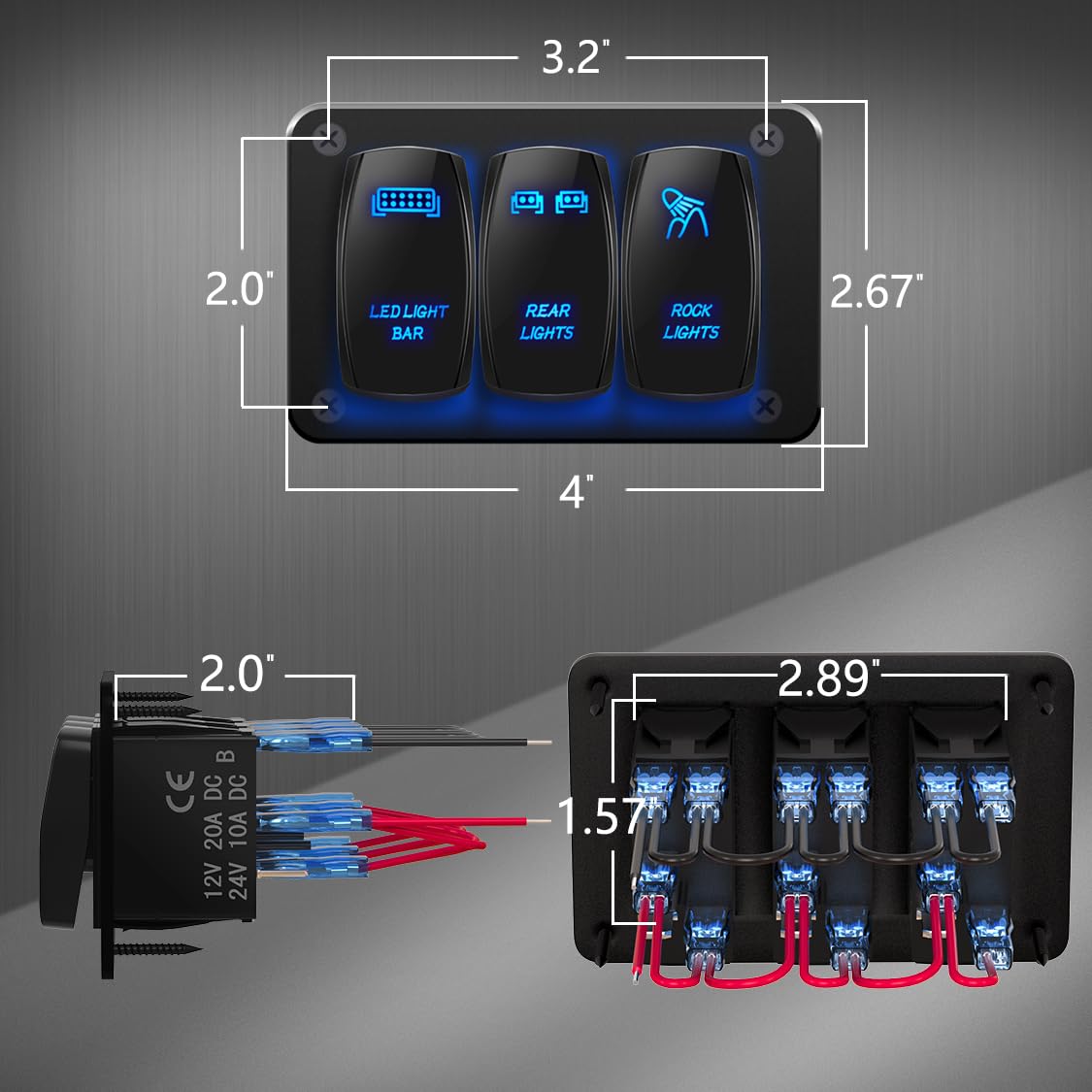 DaierTek LED Light Bar Switch Panel, 3 Gang Rocker Switch Panel, 12V Toggle Switch Panel for Truck Car RZR Jeep RV Automotive Marine Boat Blue 12 Volt Switch Panel Waterproof