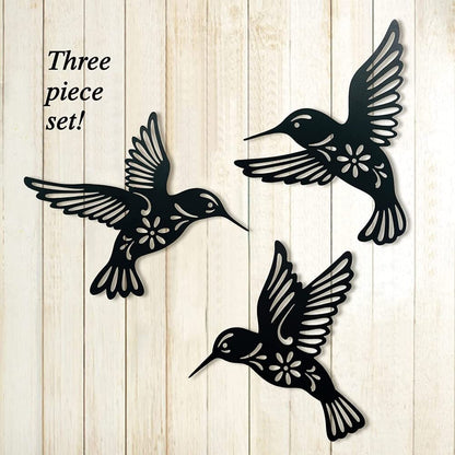 3 Pieces Metal Hummingbird Wall Art Decor, Hollow Out Iron Bird Sculpture, Indoor & Outdoor Wall Hanging Figurines for Garden, Living Room, Bedroom (Black)