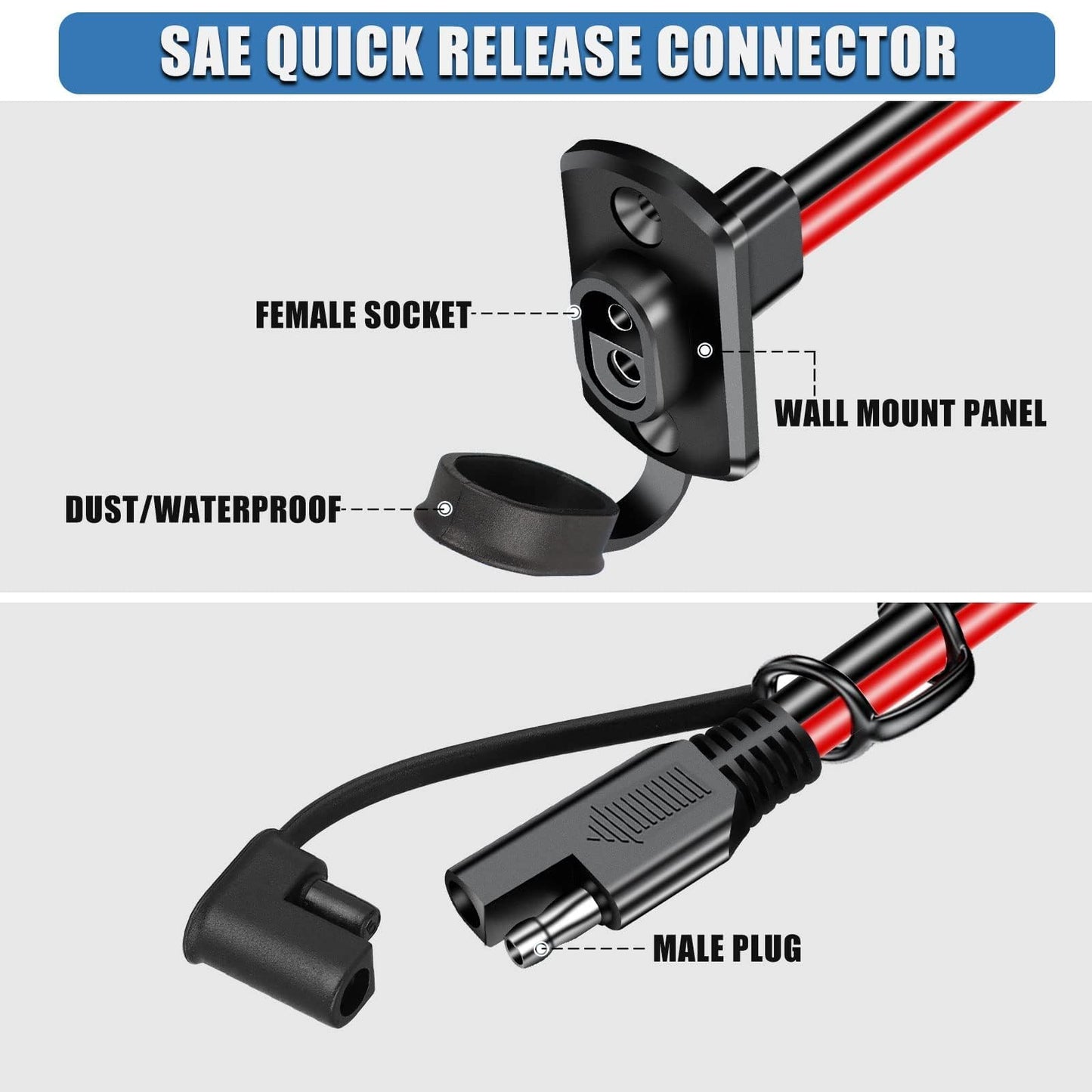 Linkstyle 3PCS SAE Quick Connector Harness, 1FT 12AWG SAE Adapter Male Plug to Female Socket Cable, Waterproof SAE Extension Cord, for Solar Panel Generator Battery Charger