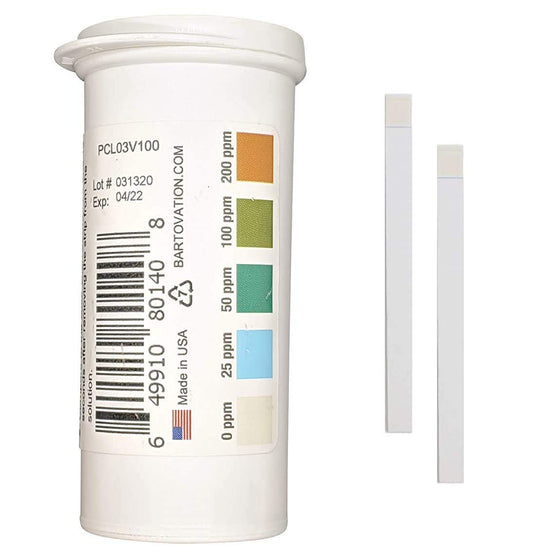 Restaurant Chlorine Sanitizer Plastic Test Strips, 0-200 ppm [Moisture Wicking Vial of 100 Strips]
