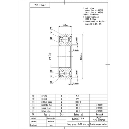 PGN (10 Pack) 6202-ZZ Bearing - Lubricated Chrome Steel Sealed Ball Bearing - 15x35x11mm Bearings with Metal Shield & High RPM Support