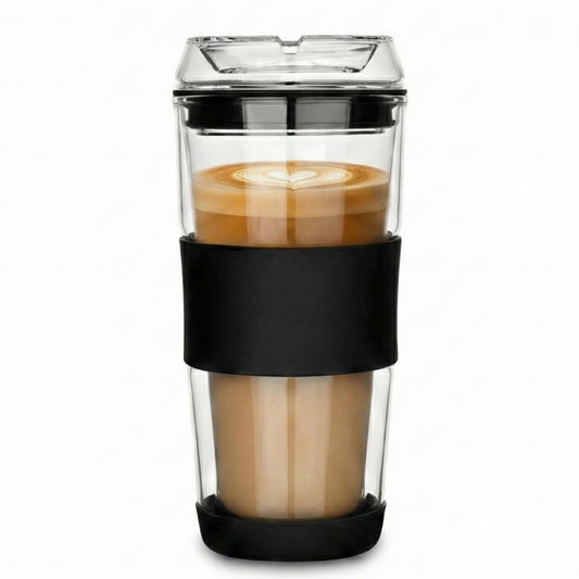 400ml Glass Travel Mug with Full Glass Lid - Double Wall Insulated Coffee Cup - Non-Slip Silicone Sleeve for Car, Commute - Reusable Tea Tumbler (Plastic-Free)