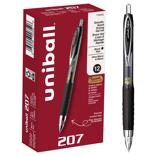uni-ball Signo 207 Retractable Gel Pens, Ultra-Micro Point, Black Ink, 12 Count (Pack of 1) (1790922) , Packaging may vary