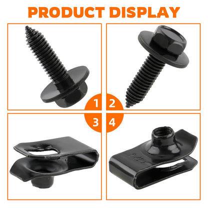 GoaMotors 50PCS 1/4 Body Fasteners - 25 Bolts & 25 U-Nut Clips for Fender, Engine Cover & Splash Shield