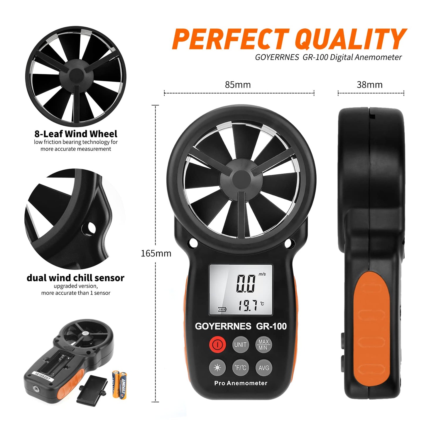 GOYERRNES Handheld Anemometer, Digital Wind Speed CFM Meter Gauge, Air Flow Velocity Tester for HVAC Shooting Drone, Wind Chill, Wind Temperature GR-100