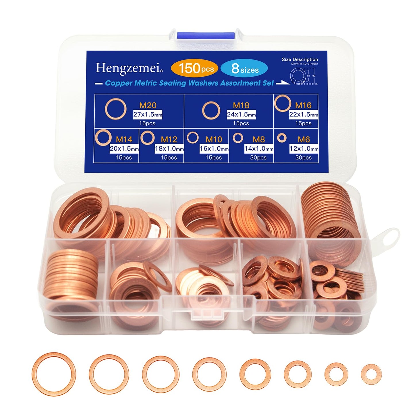 Hengzemei 150pcs Copper Washers Kit Oil Drain Plug Crush Washer Kit Metric Sealing Flat Washers Assortment Set 8 Sizes M6 M8 M10 M12 M14 M16 M18 M20