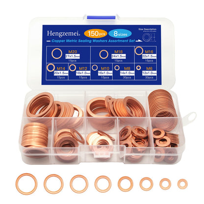 Hengzemei 150pcs Copper Washers Kit Oil Drain Plug Crush Washer Kit Metric Sealing Flat Washers Assortment Set 8 Sizes M6 M8 M10 M12 M14 M16 M18 M20