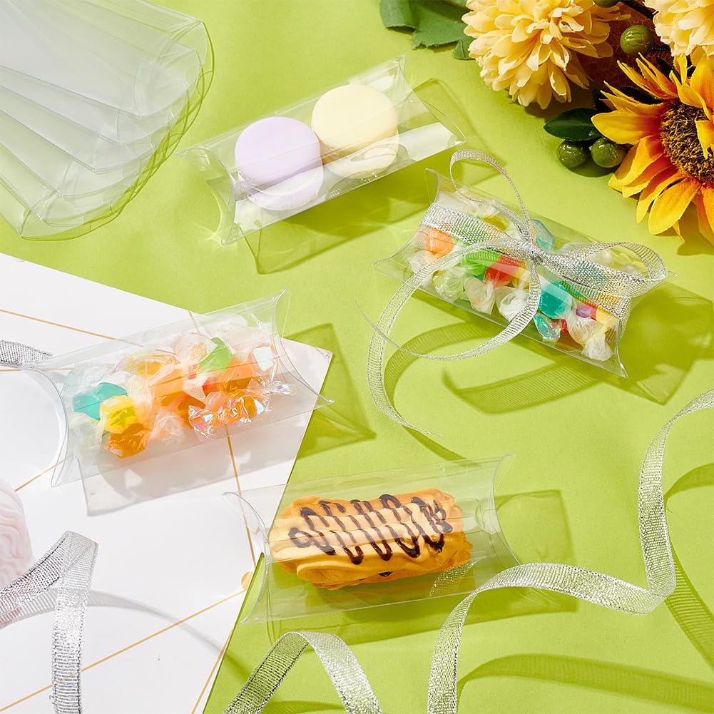 BENECREAT 50 Pack PVC Plastic Pillow Box, 4x2.4x1 Inch Clear Gift Packaging Boxes, Candy Treat Favors Box for Weddings Festival Party Storage Packing