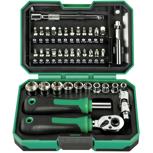 Faoyoon 39 Piece Rachet Wrenches Set, Shallow Socket Metric(4-13mm), Premium Mini Ratcheting Wrench,Spinner Handle, Screwdriver Bits, Universal Joints, Quick Release Extensions All in Storage Box
