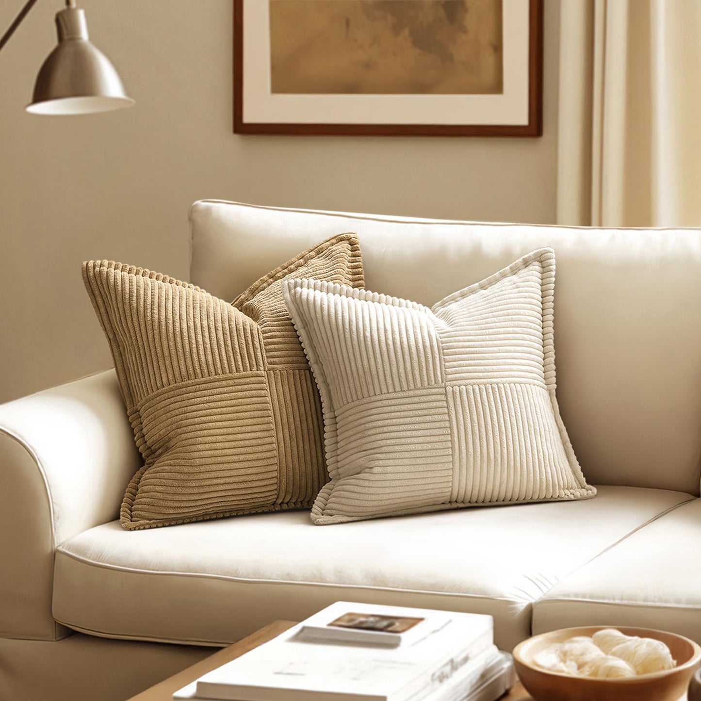 MIULEE Christmas Corduroy Pillow Covers with Splicing Set of 2 Super Soft Broadside Striped Decorative Textured Throw Cases for Cushion Bed Livingroom 18 x 18 inch, Beige