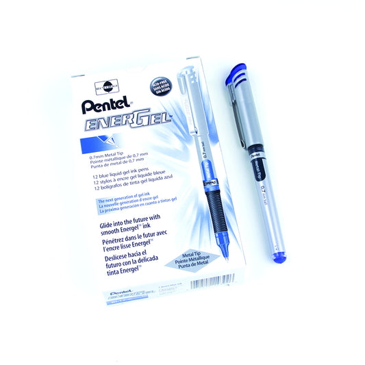 Pentel EnerGel Liquid Gel Rollerball Pen with Cap to Protect Pockets, Everyday Writing, Office Supplies, School Supplies, 0.7mm Medium Point, Blue Ink, BL17-C, Box of 12