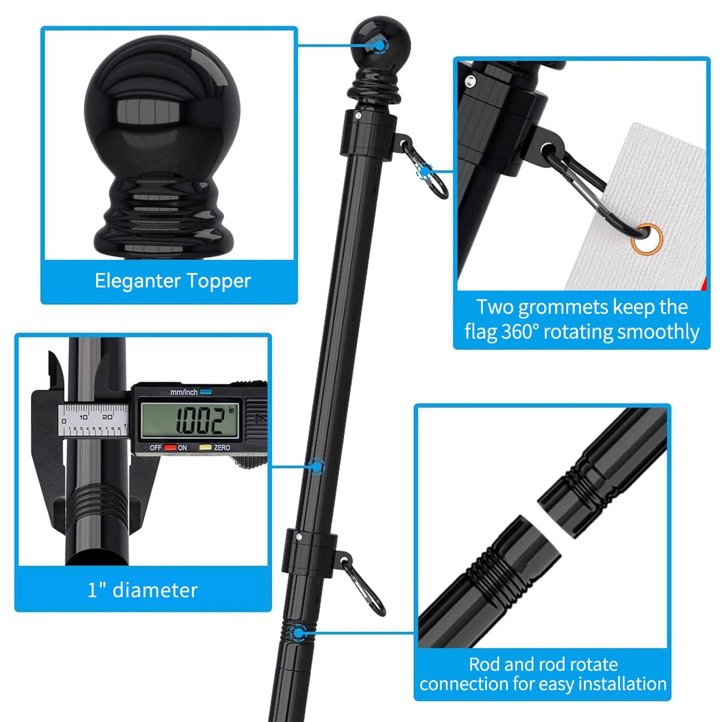 ZMTECH Flag Pole - Upgraded Bracket, 6 FT Stainless Steel Flag Poles for Outside House, Residential or Commerical, Tangle Free Flag Pole Kit for American Flag (Without Flag, Black)