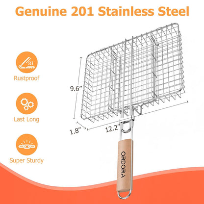 ORDORA Grill Basket, Fish Grill Basket, Rustproof 304 Stainless Steel BBQ Grilling Basket for Meat,Steak, Shrimp, Vegetables, Chops, Heavy Duty Portable Grill Outdoor Camping Grill, Deep