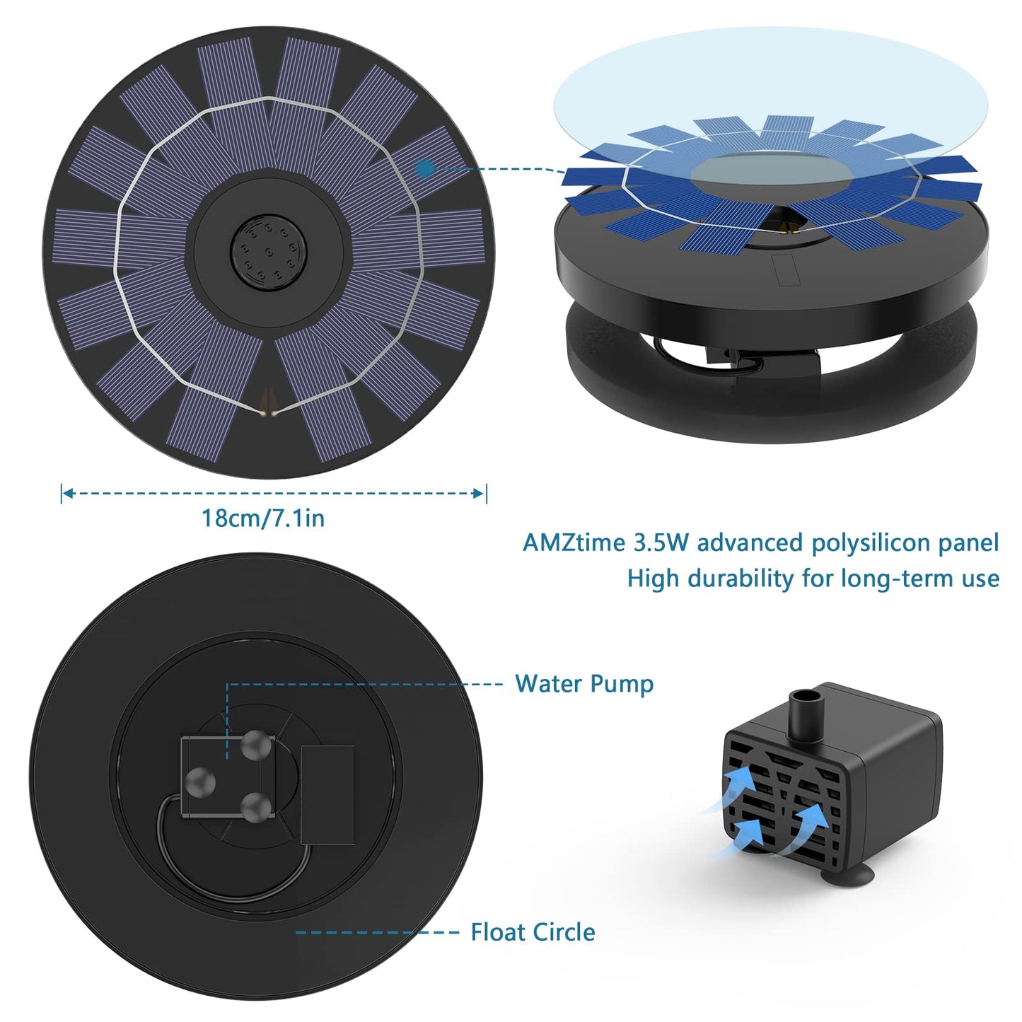AMZtime Solar Fountain Pump 3.5W Bird Bath Fountain Solar Powered Water Fountain with 8 Nozzle & 4 Fixer, Solar Fountain Pump for Bird Bath, Garden, Pond, Pool (180mm)