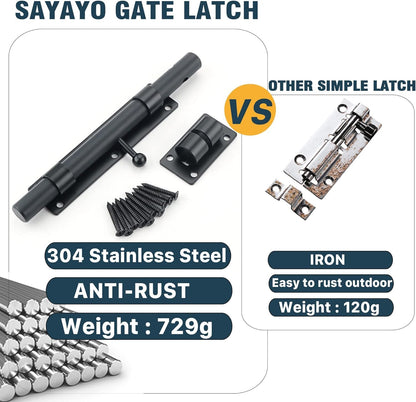 SAYAYO Sliding Bolt Gate Latch, 9 Inch Door Lock Latch Heavy Duty, Black Slide Bolt Latch with Padlock Hole，Stainless Steel Barrel Bolt Latch for Shed Lock Wooden Garden Gates