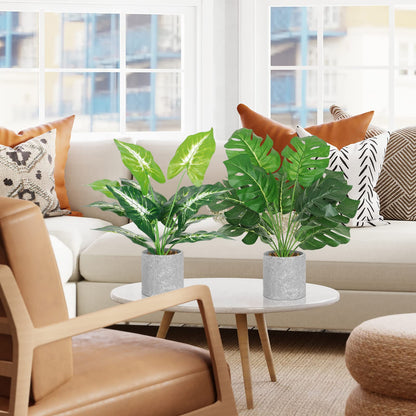 Dremisland 2Pack Artificial Potted Plant 16" Tall Faux Monstera Potted Plants with Gray Pot Fake Greenery Plants Decor for Home Office Table Desk Living Room Shelves Bathroom (Taro and Monstera)