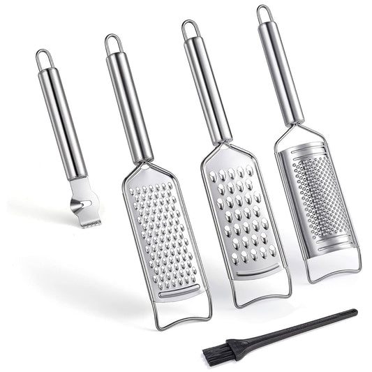 Tongjude Stainless Steel Cheese Grater Set, Set of 5 Kitchen Grater & Peeler & Slicer, Lemon Zester with Cleaning Brush for Vegetable, Fruit, Chocolate