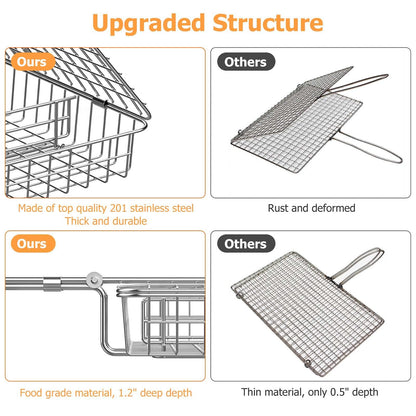 ORDORA Grill Basket, Fish Grill Basket, Rustproof 304 Stainless Steel BBQ Grilling Basket for Meat,Steak, Shrimp, Vegetables, Chops, Heavy Duty Portable Grill Outdoor Camping Grill, Deep