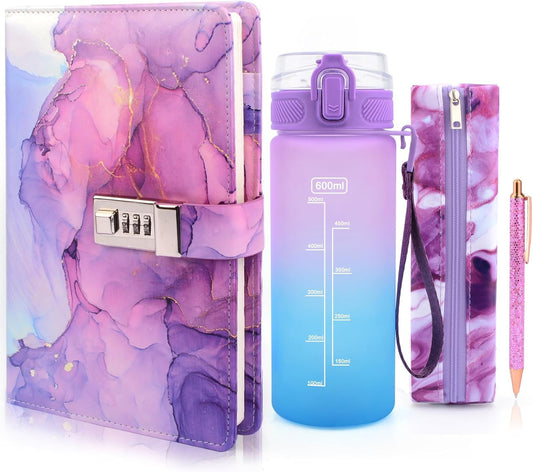 Gifts for Girls 8-12 Years Old, Diary with Lock, Birthday Gifts Girls Teen Age 7-14, Kids Journals Notebooks with Pen Pencil Case Water Bottle Back to School Supplies Set for Teens