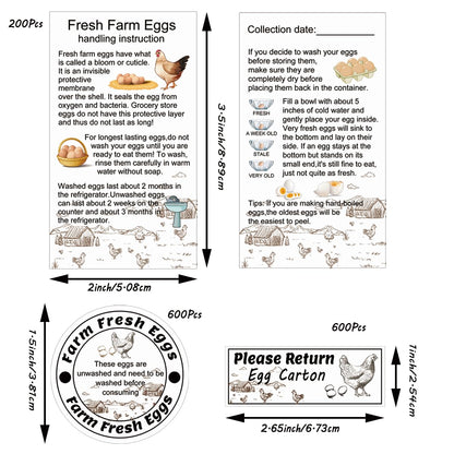 600 Pcs Farm Fresh Egg Carton Labels 600 Pcs Please Return Egg Carton Stickers 200 Pcs Double-Sided Egg Handling Instruction Cards Fresh Farm Egg Packaging Set for Eggs Care (Egg Set)