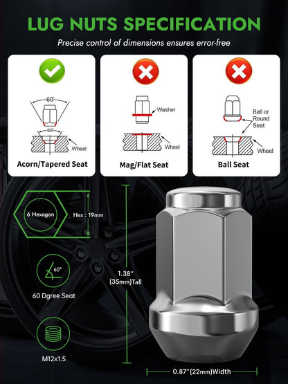 AUTOPTIM M12x1.5 Lug Nuts - Replacement for Ford Focus Escape Fusion, Mazda Honda Model Aftermarket Wheel, Chrome Anti-Rust Closed End Bulge Acorn, 3/4" 19mm Hex 20PCS Short Tire Nut