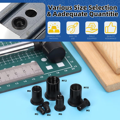 Glarks 320Pcs Metric Rivet Nuts Kit M3 M4 M5 M6 M8 M10 M12 Rivet Nuts Black Zinc Plated Carbon Steel Flat Head Rivnut Threaded Insert Rivet Nuts Assortment Set